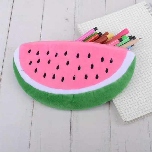 Watermelon Pink Plush Cosmetic Bag Pencil Case Travel One Pice - Picture 5 of 8
